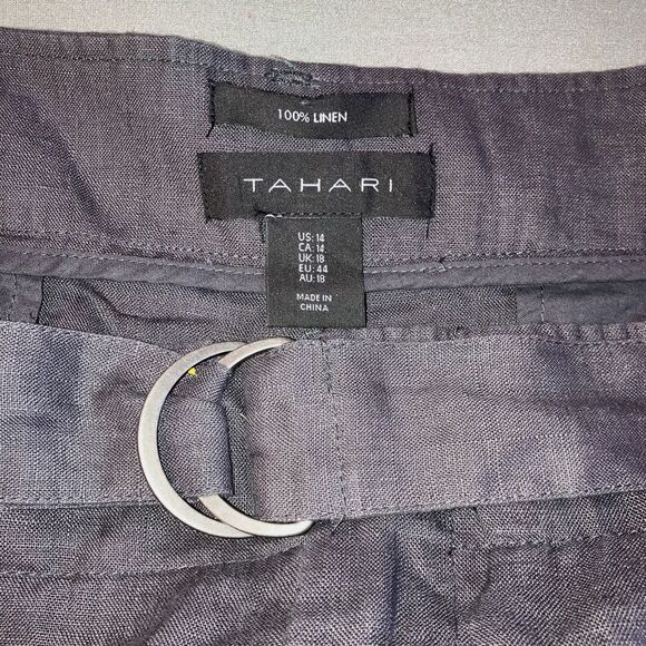 TAHARI size 14 100% Linen Wide Leg Dress Pants Taupe-Gray Belt Flowy - Picture 4 of 8